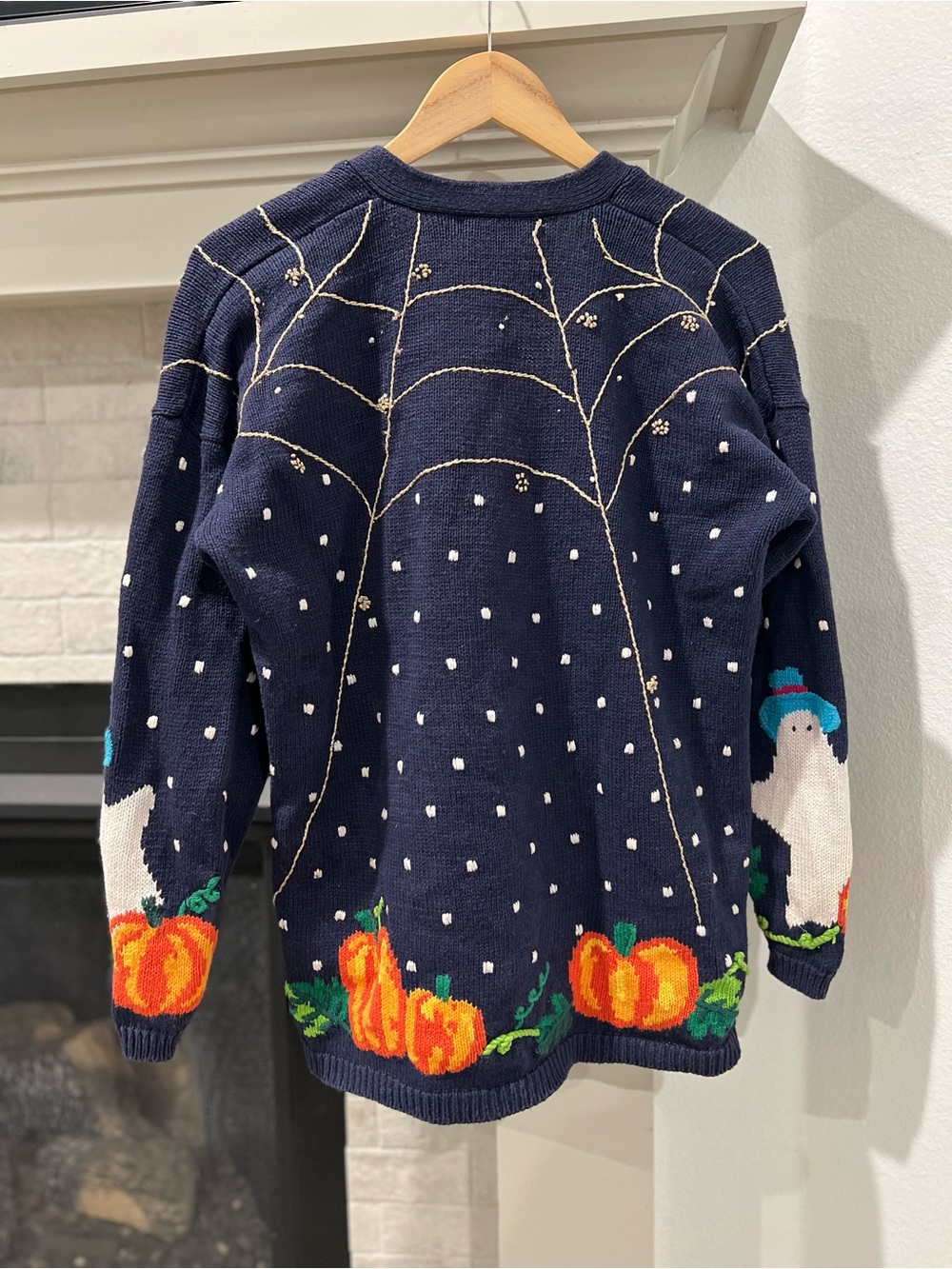 Vintage 90s Lauren Hansen Halloween Ghost and Pumpkin Novelty Knit Cardigan - Picture 2 of 8